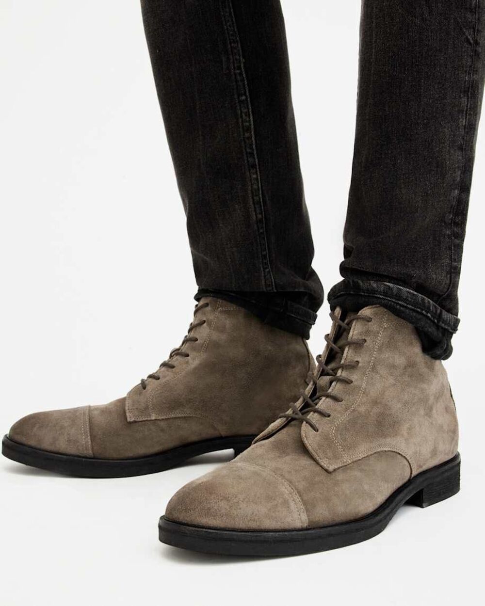 AllSaints Drago Suede Lace Up Boots Khaki Distressed Almond Toe Sz 41 NEW